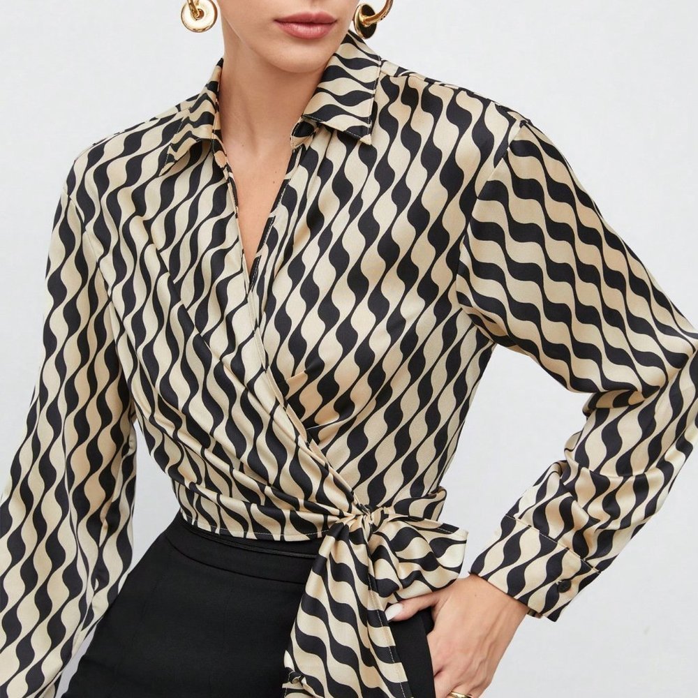 Multicolor PReppyWomens Allover Print Knot Side Wrap Blouse - Picture 5 of 5